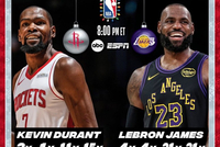 大小王对决！詹杜将第5次在圣诞大战中交手 此前4场詹姆斯3-1