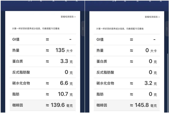 某茶饮品牌部分茶饮产品中的咖啡因含量（左图为一款原叶奶茶，右图为一款原叶果茶）