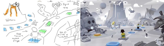 ▲ 《乐高派对》从草图到概念设计图，草图基本可以展示大部分的想法