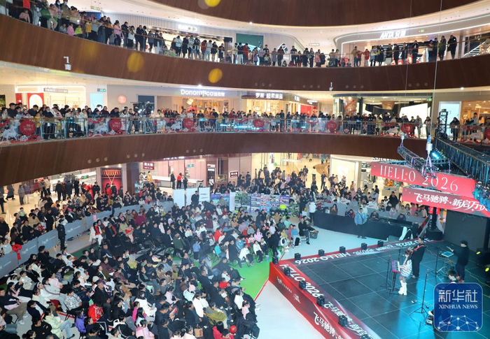 ↑ 1月1日，人们在河南省南阳市一家商业城内观看迎新年演出。新华社发（高嵩摄）