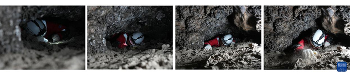 　　2025年12月，航天员开展洞穴训练艰难爬过狭窄管洞（拼版照片）。新华社发