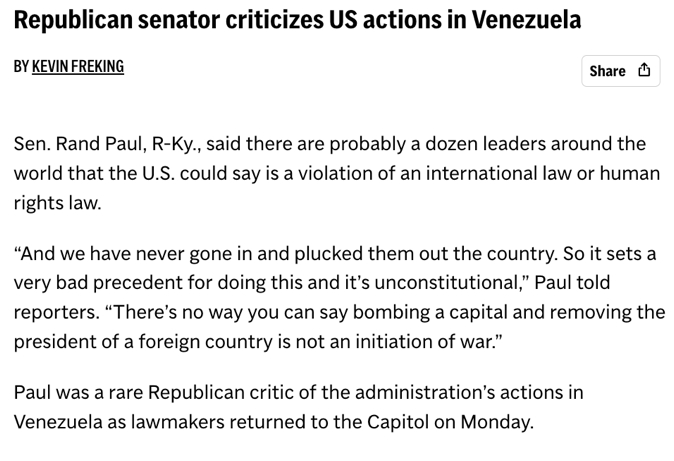 △美联社报道，即使共和党内部也有不同声音，共和党参议员兰德·保罗批评此举“开了一个非常糟糕的先例，而且违宪”。