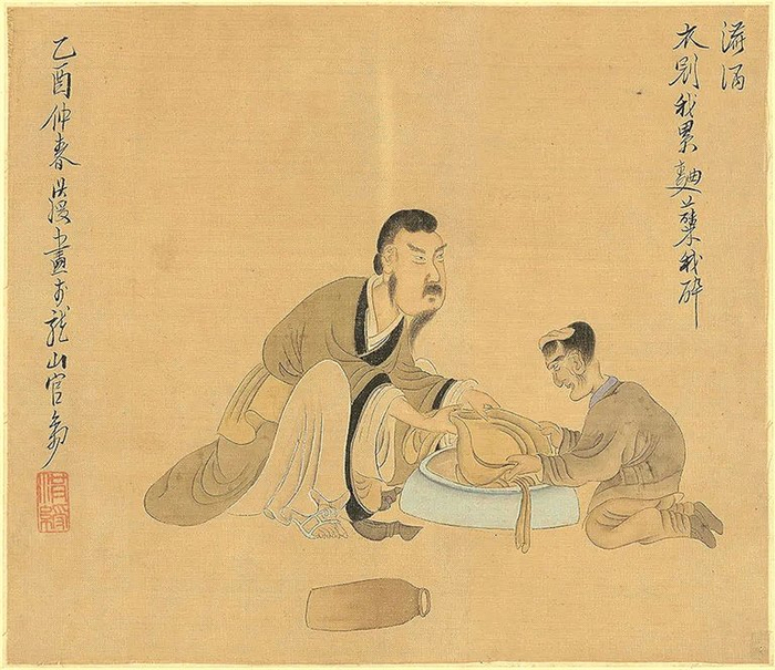 明代《陶潜轶事图》局部“葛巾漉酒”