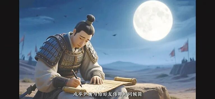 ▲AI视频演绎戍卒尹衡写给好友伟卿的问候简。　阿拉善盟融媒体中心制作