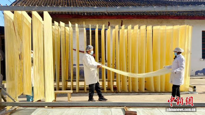 圖為1月初，甘肅隴南市徽縣永寧鎮(zhèn)綠鑫手工空心掛面農(nóng)民專業(yè)合作社內(nèi)，師傅們?cè)诹罆袷止烀妗：畏?攝