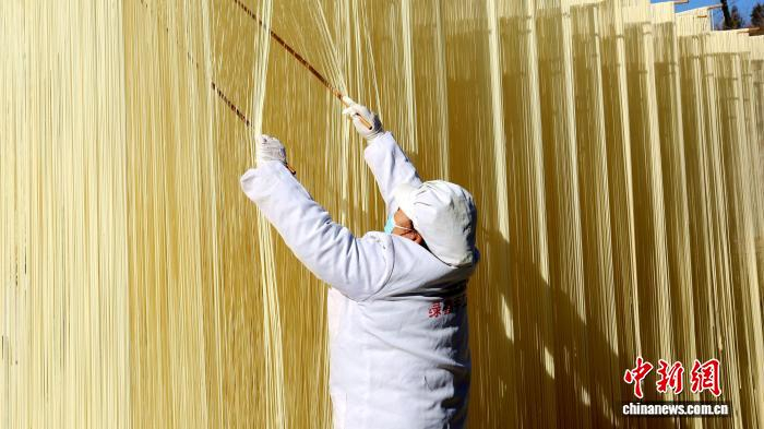 圖為1月初，甘肅隴南市徽縣永寧鎮(zhèn)綠鑫手工空心掛面農(nóng)民專業(yè)合作社內(nèi)，師傅們?cè)诹罆袷止烀?。何?攝