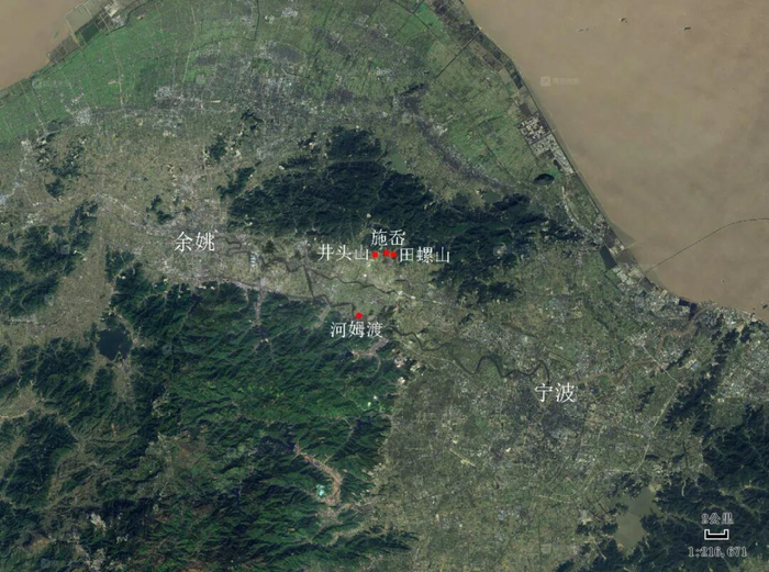 施岙遺址與井頭山、田螺山、河姆渡相對(duì)位置關(guān)系圖。