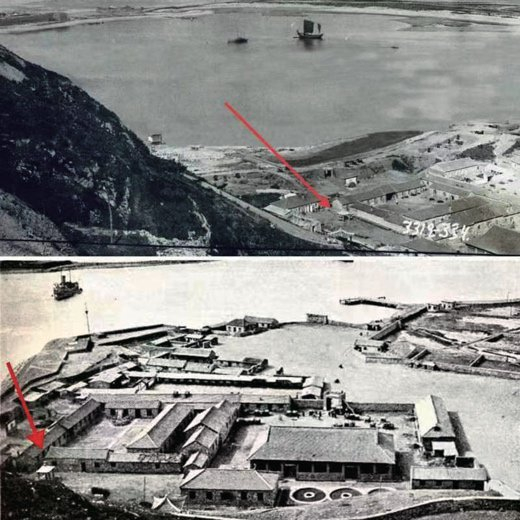 20世紀(jì)初，俄國人、日本人拍攝旅順照片中的唐鴻臚井碑及碑亭（紅色箭頭所指向）