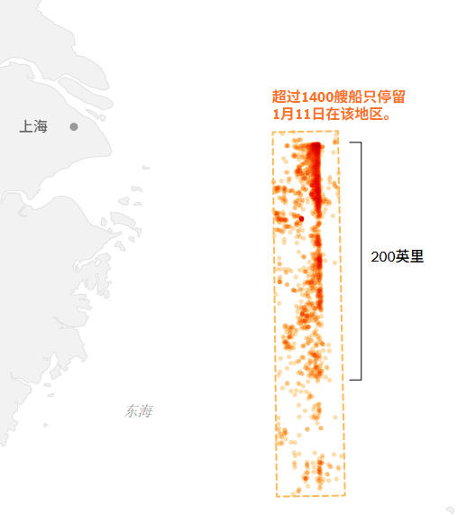 　《纽约时报》绘制的中国渔船在11日集结位置图