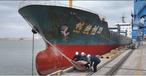 图1：海事执法人员到码头关注船舶避风情况