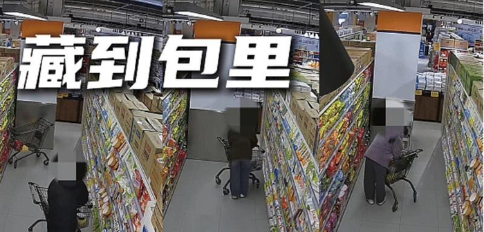 监控视频拍下女子将食物拆包装后装到自己的袋子中。朝阳警方供图