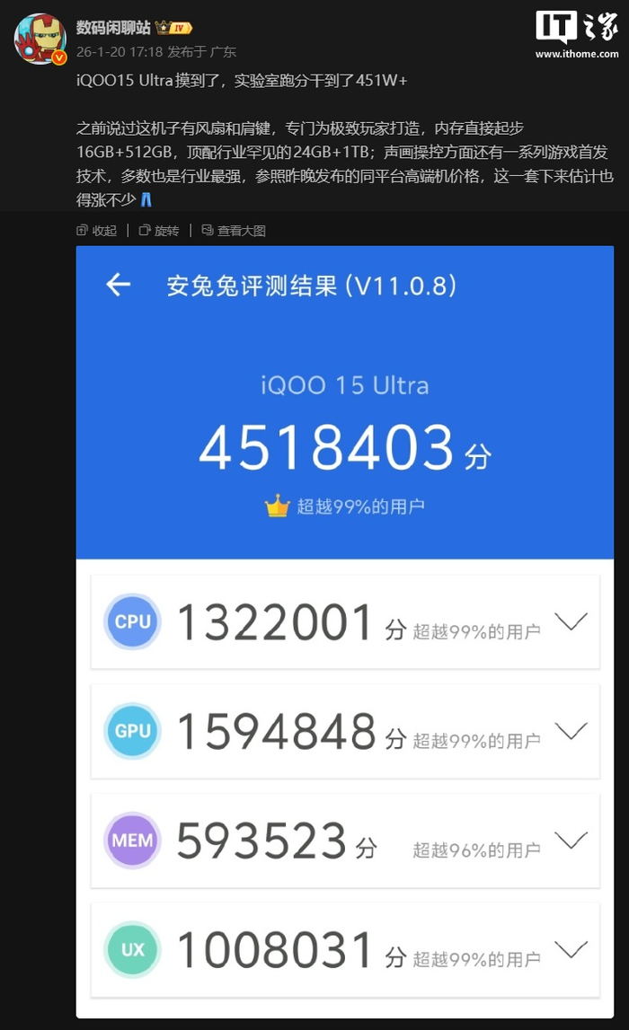 消息称iQOO 15 Ultra 手机起跳配置16GB+512GB，顶配为24GB+1TB|红魔|游戏|玩家|评论|内存_手机新浪网