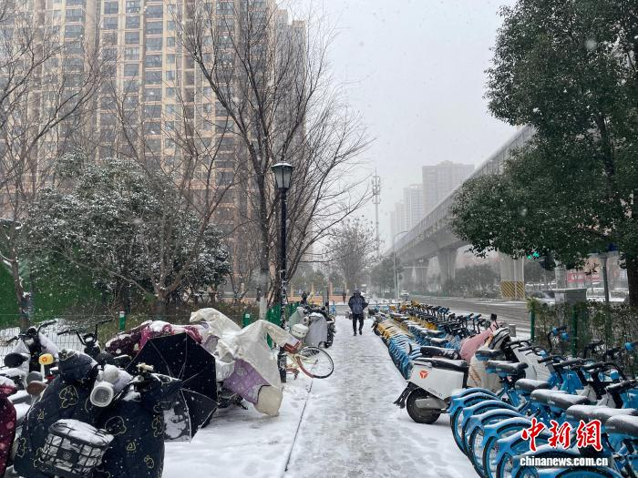 20日早上，武汉白雪纷飞，市民冒雪出行。　马芙蓉 摄