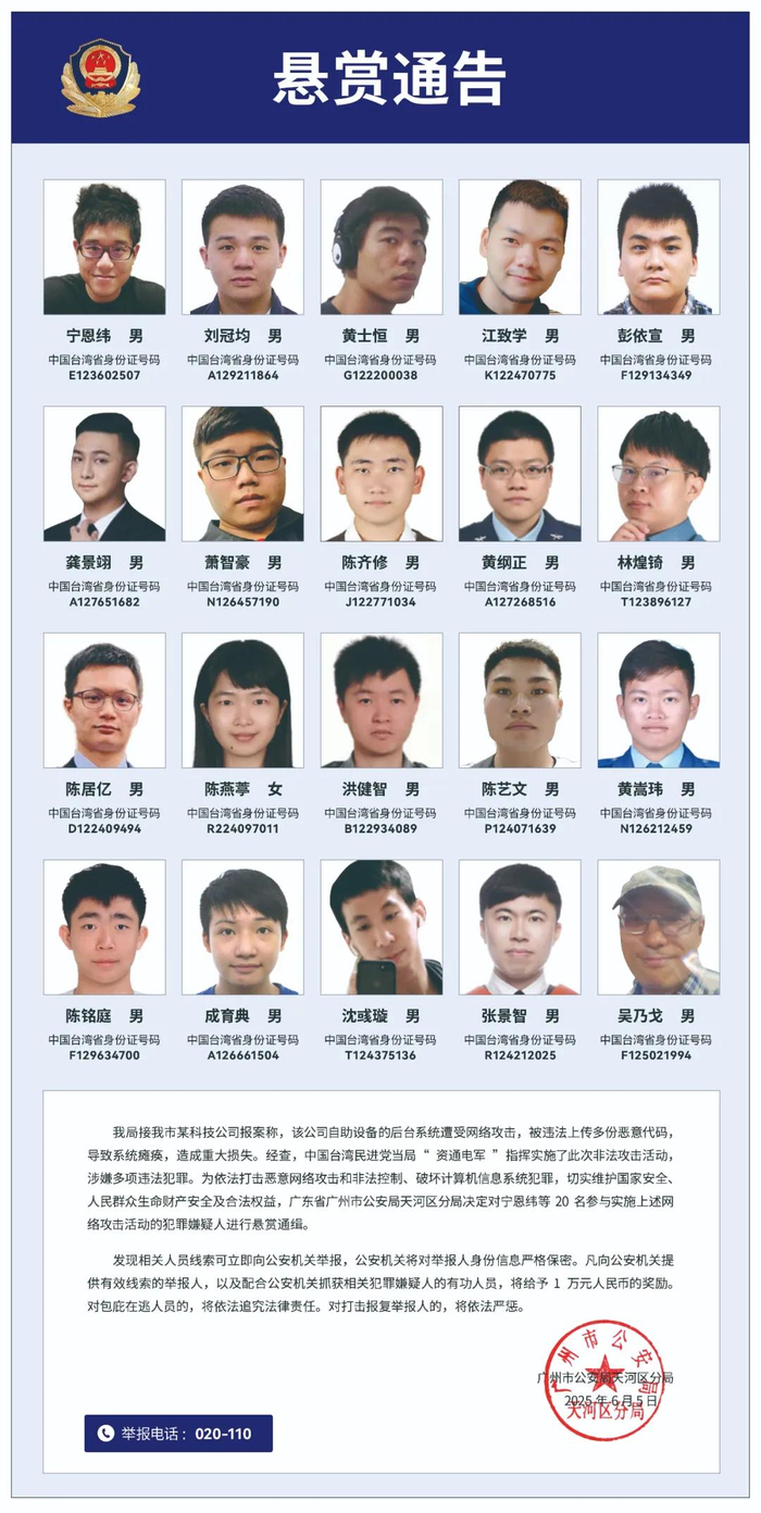 △ 2025年6月，广州市公安局天河区分局发布《悬赏通告》，依法悬赏通缉20名涉嫌参与实施网络攻击活动的民进党当局黑客