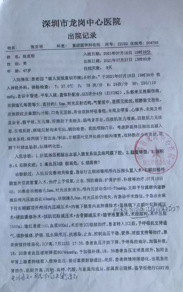 　张克明的出院记录，显示他入院后病情恶化的情况
