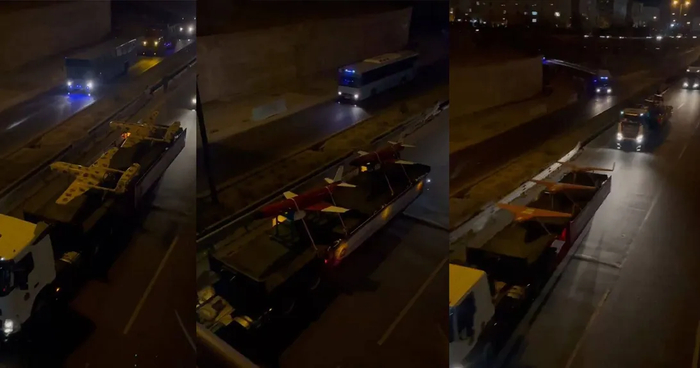 ▲载有作战无人机的卡车在夜间穿过伊朗城市