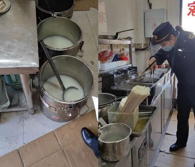 左图为某外卖店场景，右图为市场监管执法人员开展现场检查。刘振坤 摄 