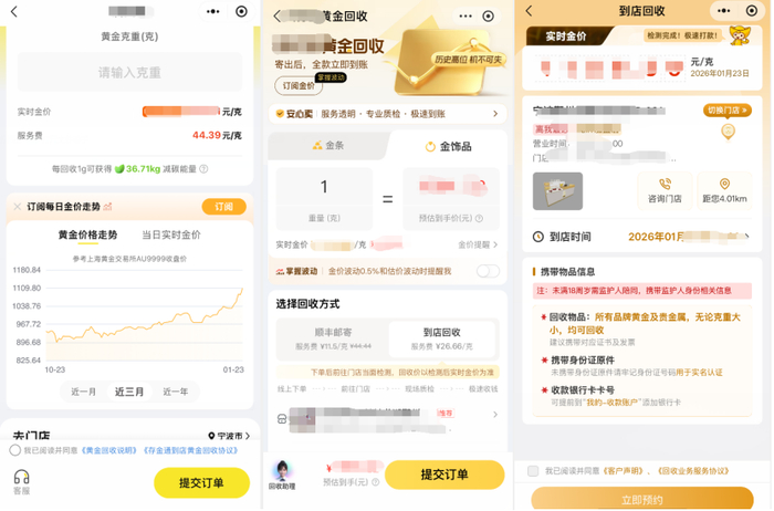 线上黄金回收平台页面，价格较为透明，不过均要收取服务费。