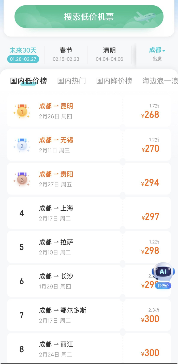低价机票价格截图（截止到1月28日13时）