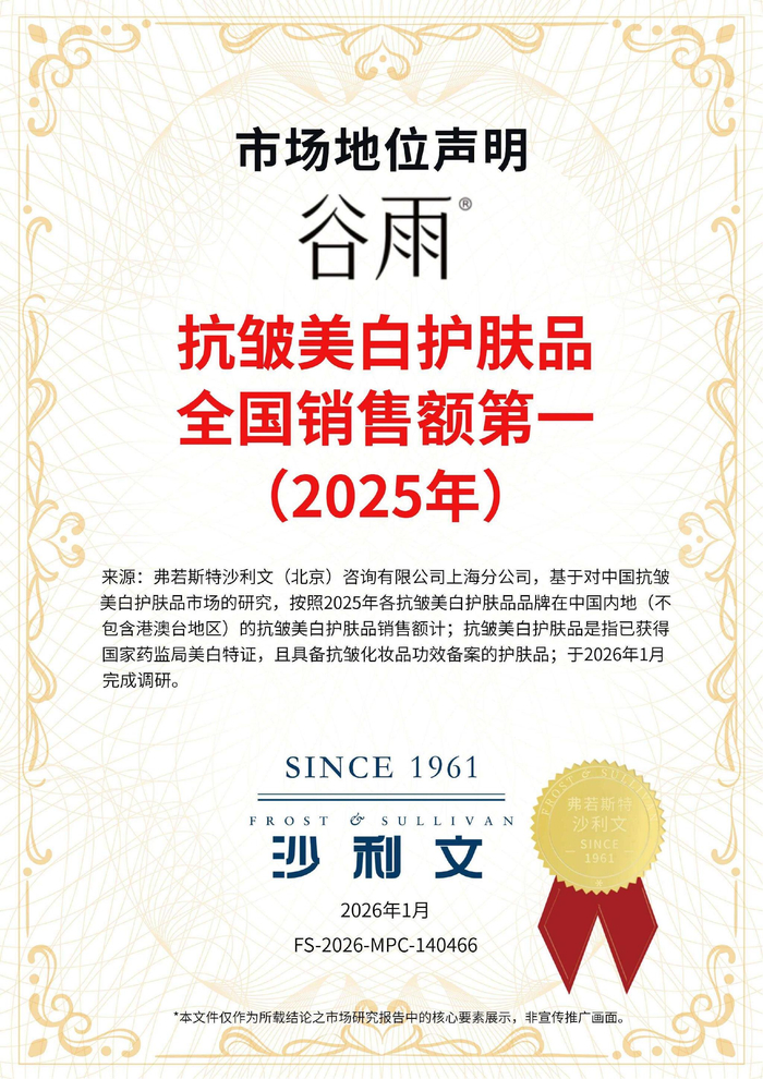 沙利文“抗皱美白护肤品全国销售额第一”认证证书