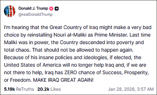 特朗普威胁伊拉克断供援助“真实社交”