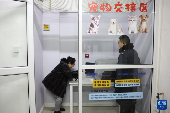  2月1日，在中铁快运兰州西站营业部宠物交接区，旅客董文琦隔着箱子与自己的小狗互动。新华社记者 陈斌 摄