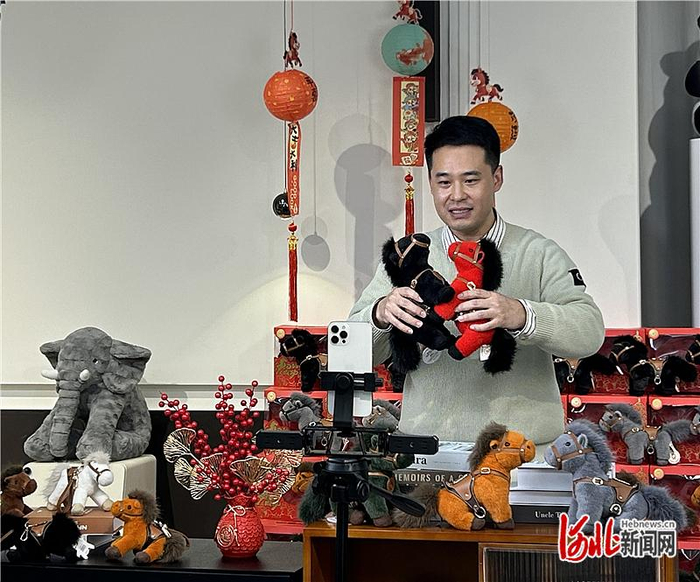 1月29日，伊呀呀毛绒玩具制造有限公司负责人李辉正在给直播间的顾客介绍产品。 河北日报见习记者 李靖恬摄