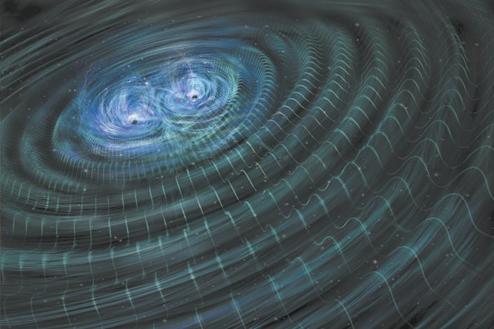 黑洞合并产生引力波示意图