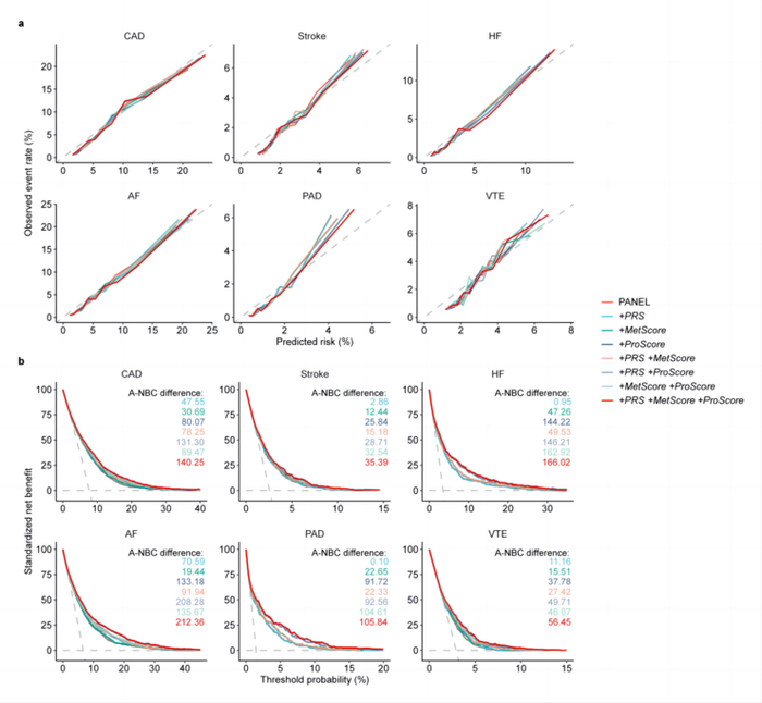 （图4. 心血管疾病预测模型的校准能力和净收益曲线。a. 校准曲线；b. 净收益曲线。）