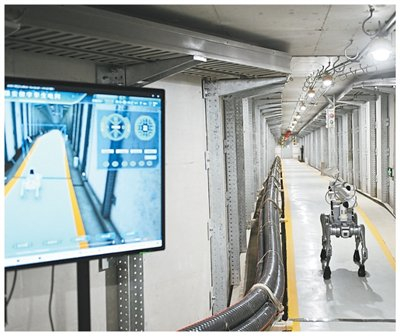 四足巡检机器人在雄安新区雄东电缆隧道内巡检。图为新华社记者牟宇摄