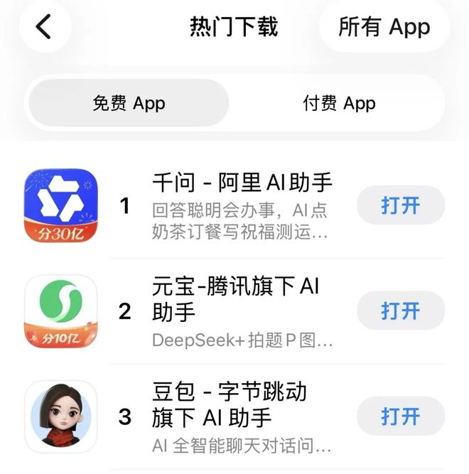 ▲三大AI应用登顶App Store免费App下载榜。。图 / 应用商店截图