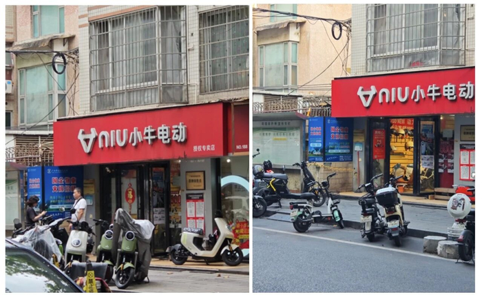 ▲新国标实施前后的小牛电动车门店， 左图拍摄于2025年9月 ，右图拍摄于2026年1月
