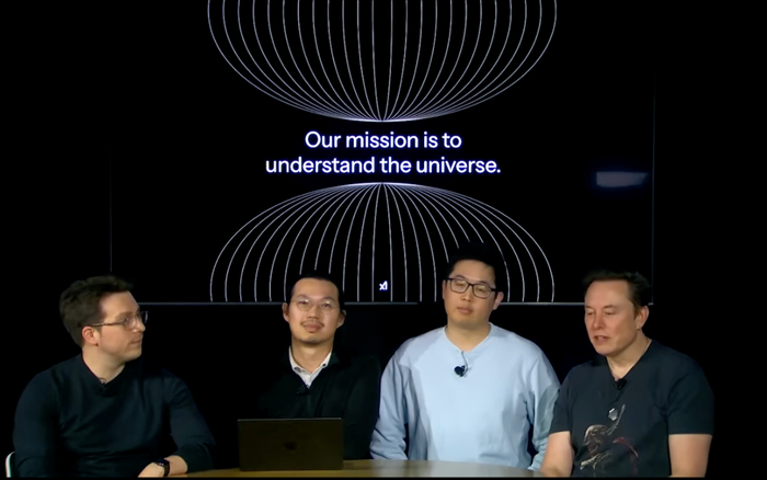 ▲从左到右分别为：Igor Babuschkin、Jimmy Ba、吴宇怀、Elon Musk（来源：YouTube）