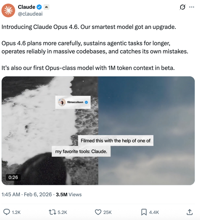 ▲Claude Opus 4.6发布推文（来源：X）