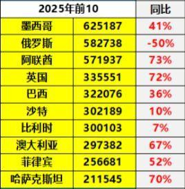 2025年累计整车出口总量前十国家 图片来源：崔东树公众号