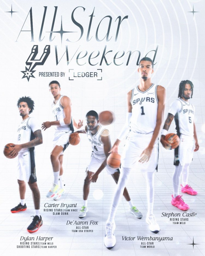 马刺官推晒出队内五名球员参加全明星周末的海报：