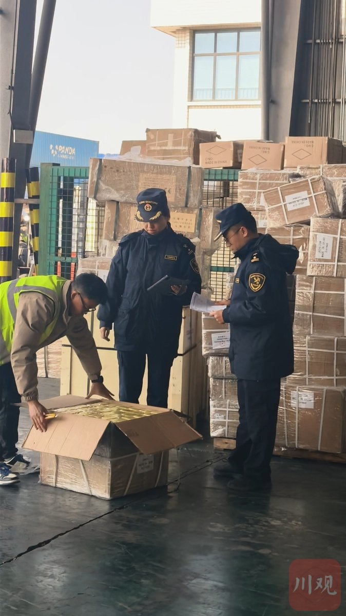 2月11日，成都铁路口岸多式联运海关监管中心，成都海关所属青白江海关两名关员对货物进行监管查验。