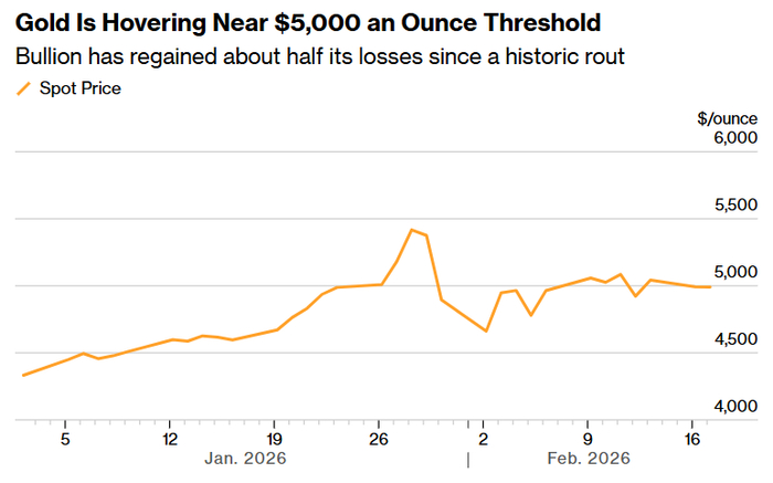 （金价徘徊在5，000美元关口附近 来源：彭博）