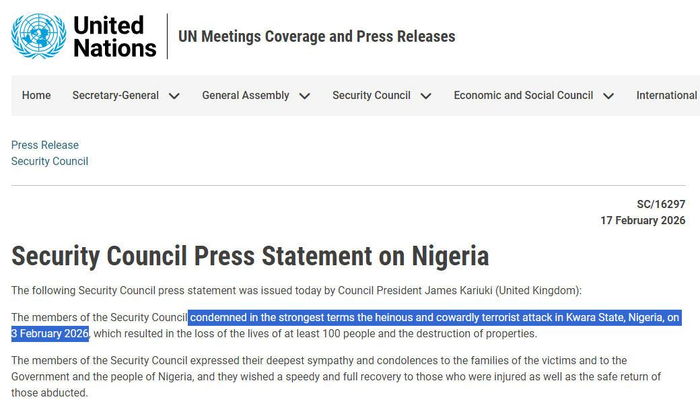 △2月17日，联合国安理会发布新闻声明，以最强烈措辞谴责尼日利亚发生的致超百人死亡的恐袭事件。