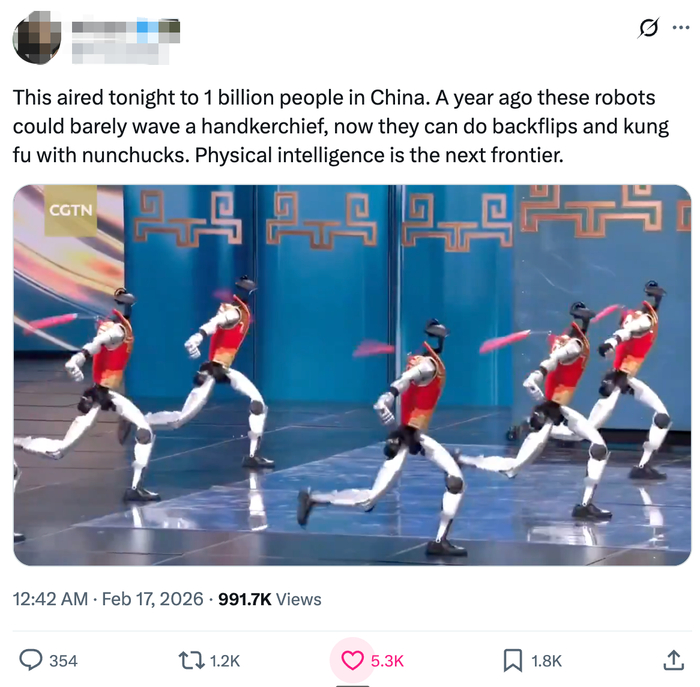 ▲宇树机器人武术表演在海外社交平台X上爆火