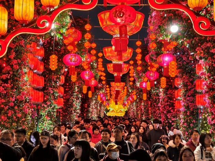 △2026年2月17日，游客在广西南宁新春灯会上观赏花灯。