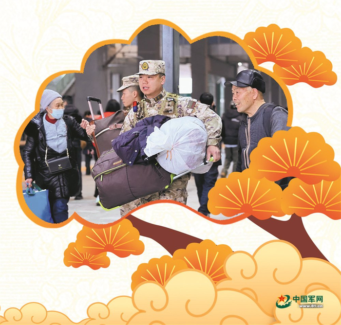 　　武警重庆总队执勤第三支队党员帮助旅客搬运行李。李东 摄