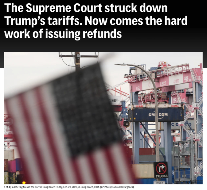 △美联社报道，最高法院驳回特朗普的关税政策后，艰巨的退还税款任务开始了