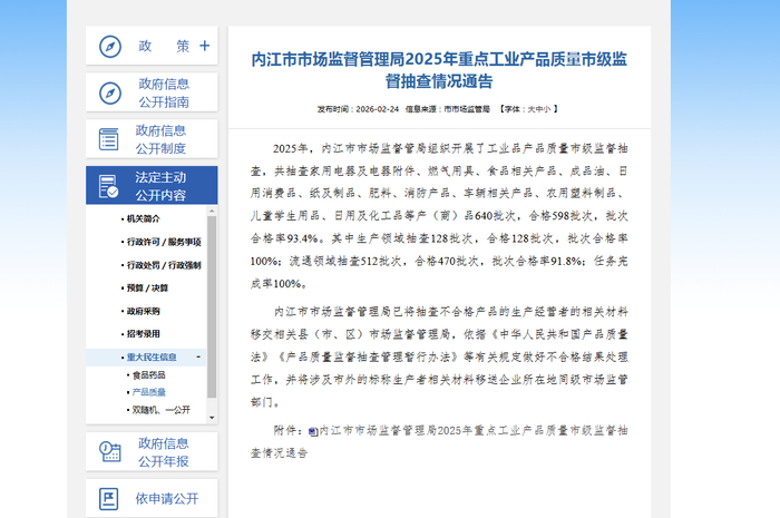 中国质量新闻网讯 2月24日，四川省内江市市场监督管理局网站发布2025年重点工业产品质量市级监督抽查情况通告。