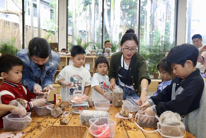在西双版纳热带花卉园，参加菌子研学的小朋友正在学习种菌菇。 周灿 摄