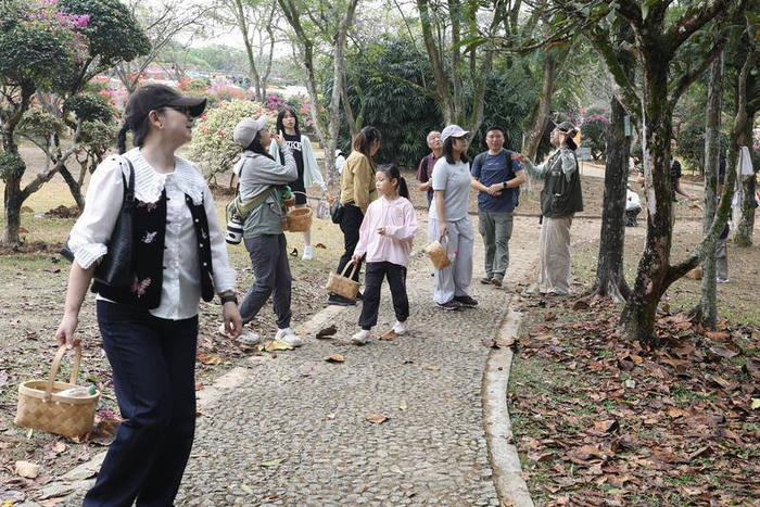 游客在西双版纳热带花卉园参加户外自然教育体验。周灿 摄