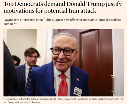 △《金融时报》报道，民主党高层在有关伊朗局势的简报会后表示，特朗普总统必须紧急向公众解释为何对伊朗开战
