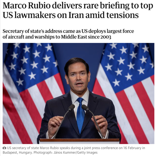△《卫报》报道，鲁比奥罕见地向美国高级议员们，即“八人帮”，通报伊朗局势。