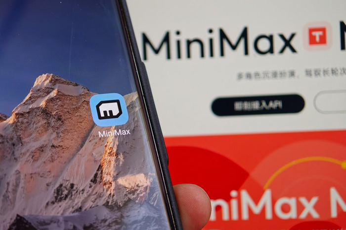 上海的一位年轻人通过手机和电脑查看AI大模型MiniMax