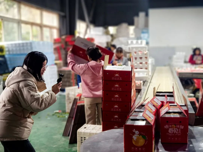 记者（左一）在相关公司分选包装中心拍摄